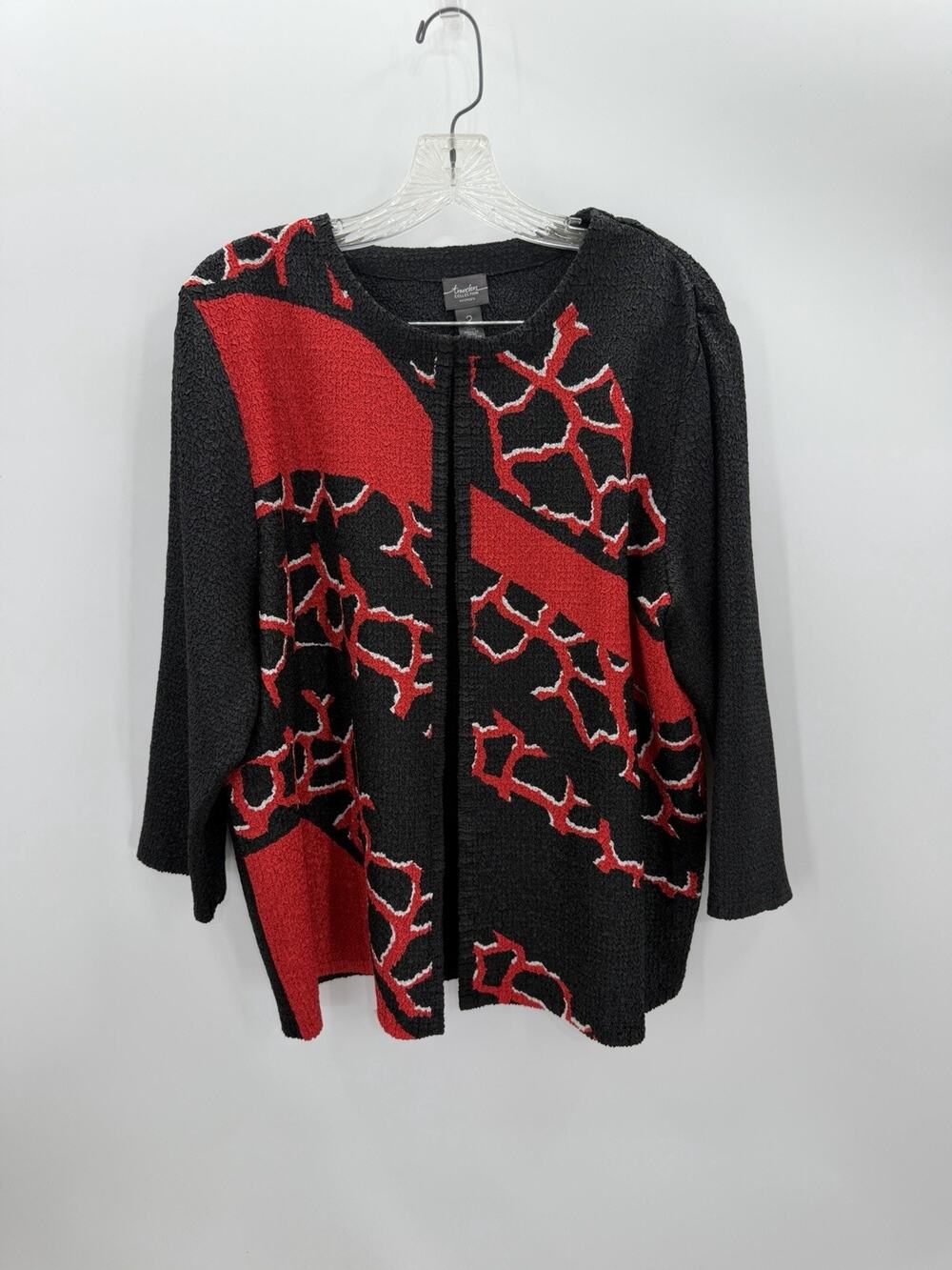 Chico's Travelers Women's Open Front Top Jacket 2 Large Red Black Artsy Elegant